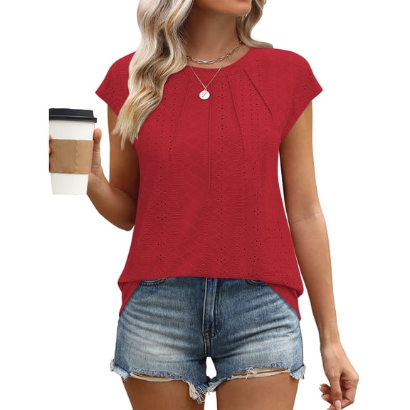 Womens Eyelet Tops Short Sleeve Shirts Pleated Round Neck Blouses for Women Dressy Casual Cap Sleeve Tops