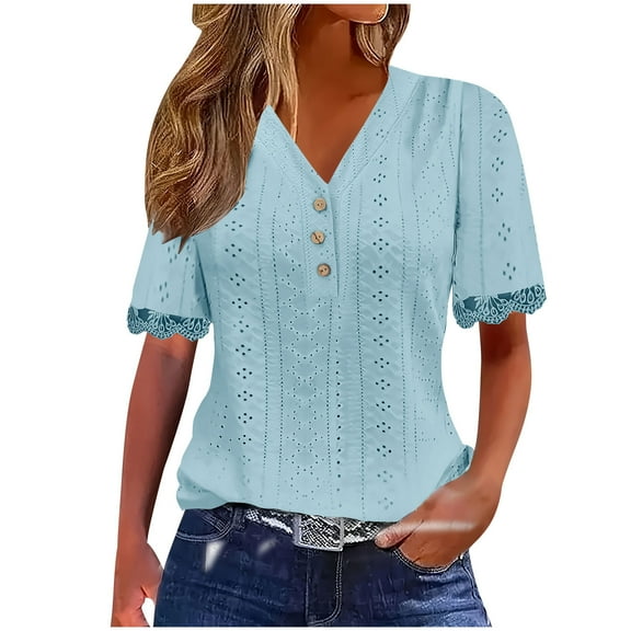 Womens Eyelet Tops, Short Sleeve Shirts for Women Summer Casual Hollow Sexy Lace Hollow Button Up V Neck Dressy Blouses