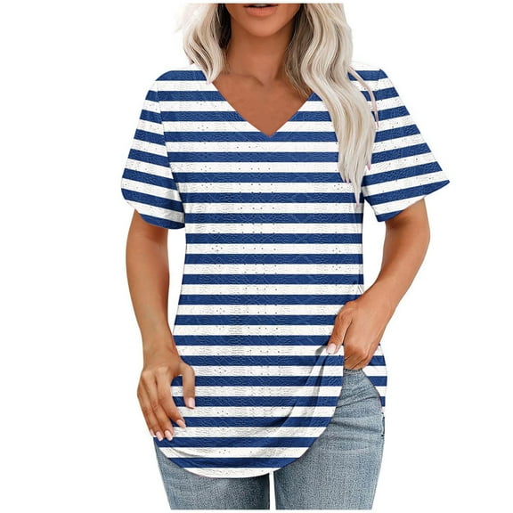 Womens Eyelet Tops, Short Sleeve Shirts for Women Summer Casual Hollow Striped Printed V Neck Dressy Blouses