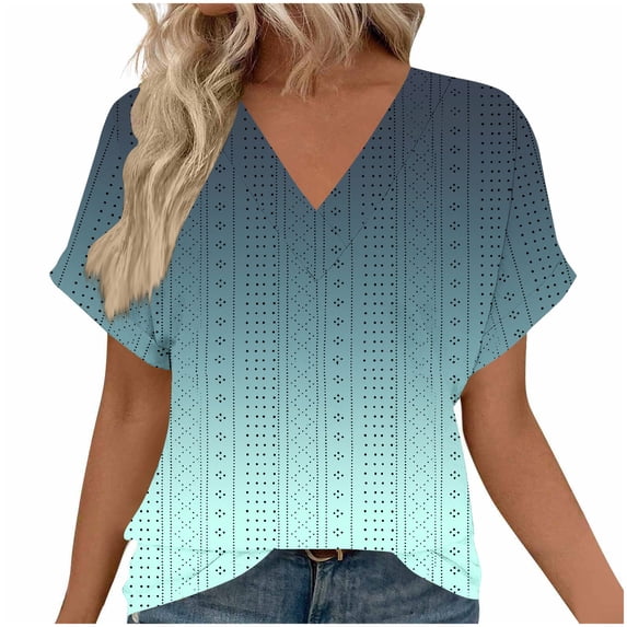 Womens Eyelet Tops, Short Sleeve Shirts for Women Summer Fashion Loose Fits Hollow Ombre Tie Dye V Neck T-Shirts Blouses