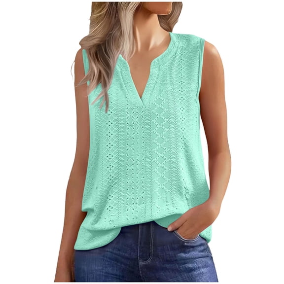 Womens Eyelet Tops, Sleeveless Shirts for Women Summer Casual Vintage Hollow Solid Color Notch V Neck Dressy Blouses