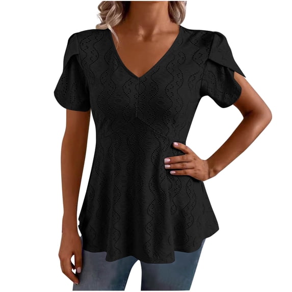 Womens Eyelet Tops Summer Plus Size Clothes V Neck Dressy Casual Tunic Blouses Peplum Short Sleeve Shirts Black, 2XL
