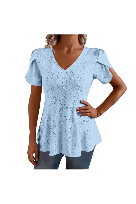 Womens Eyelet Tops Summer Plus Size Clothes V Neck Dressy Casual Tunic Blouses Peplum Short Sleeve Shirts Light Blue, 3XL