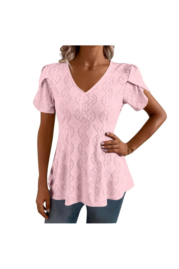 Womens Eyelet Tops Summer Plus Size Clothes V Neck Dressy Casual Tunic Blouses Peplum Short Sleeve Shirts Pink, M