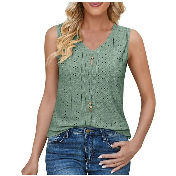 Womens Eyelet V Neck Tank Tops Summer Casual Solid Sleeveless Button Decor Blouses Hollow Out Camioles Shirts Green,XXL