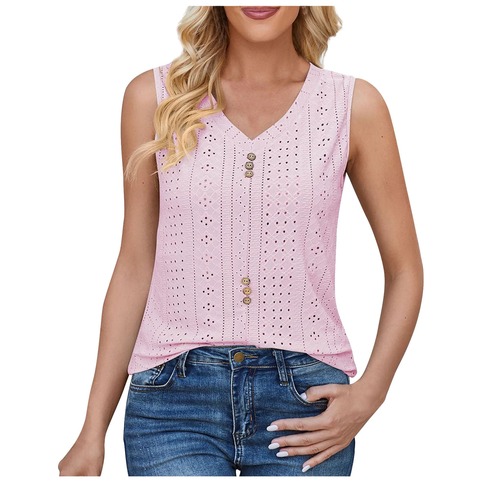 Womens Eyelet V Neck Tank Tops Summer Casual Solid Sleeveless