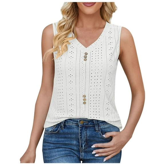 Womens Eyelet V Neck Tank Tops Summer Casual Solid Sleeveless Button Decor Blouses Hollow Out Camioles Shirts White,S