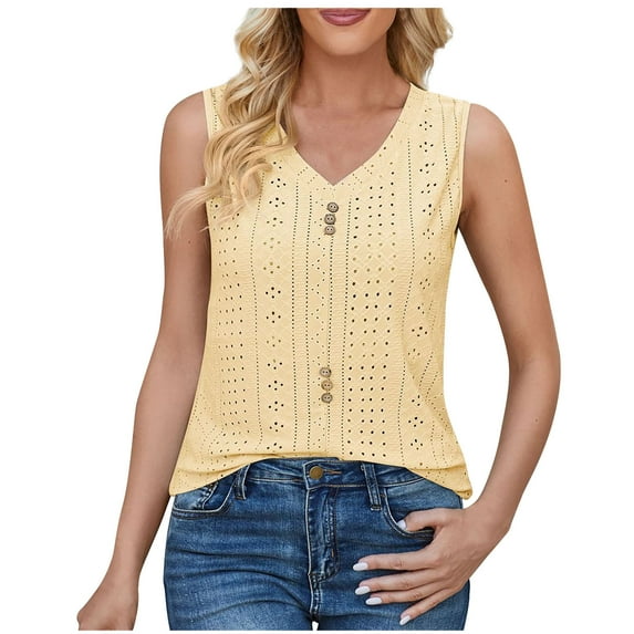 Womens Eyelet V Neck Tank Tops Summer Casual Solid Sleeveless Button Decor Blouses Hollow Out Camioles Shirts Yellow,XL