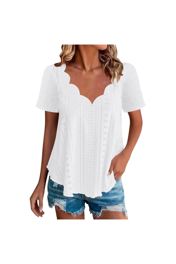 Womens Eyelet Wave Edge Shirts Dressy Casual Short Sleeve V Neck Collared Blouse Tee Plus Size Summer Flowy Tops