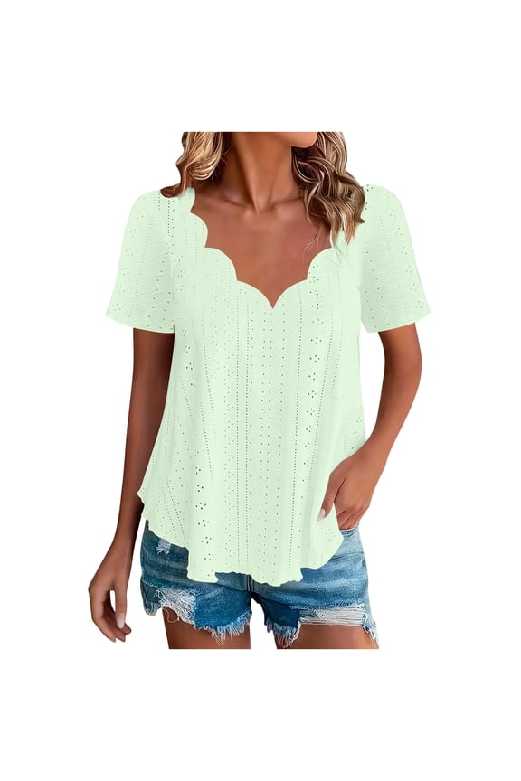 Womens Eyelet Wave Edge Shirts Dressy Casual Short Sleeve V Neck Collared Blouse Tee Plus Size Summer Flowy Tops