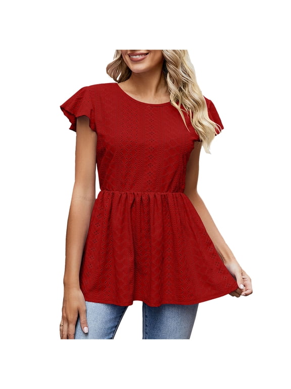 Womens Eyelets Cute Babydoll Tops Flutter Short Sleeve Summer Peplum Blouses Loose Fit Casual Crewneck Tunic Shirts Red XL