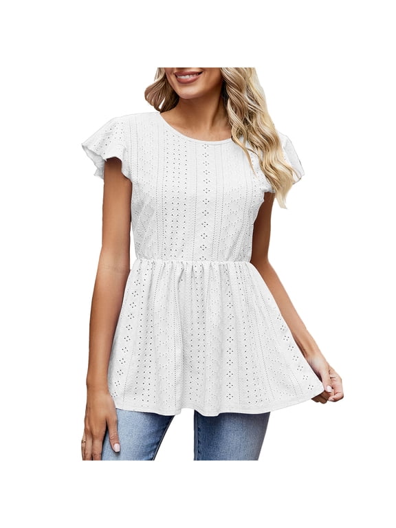 Womens Eyelets Cute Babydoll Tops Flutter Short Sleeve Summer Peplum Blouses Loose Fit Casual Crewneck Tunic Shirts White S