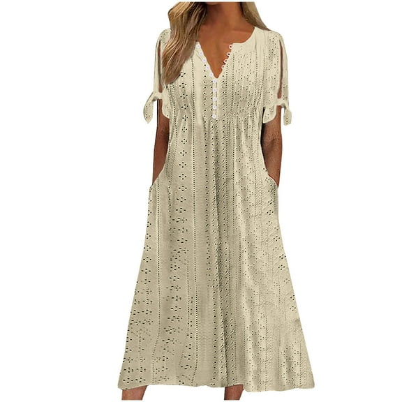 Womens Eyelets Midi Dresses Casual 2024 Summer Button Down V Neck Split Short Sleeve Beach Vacation Dress with Pockets