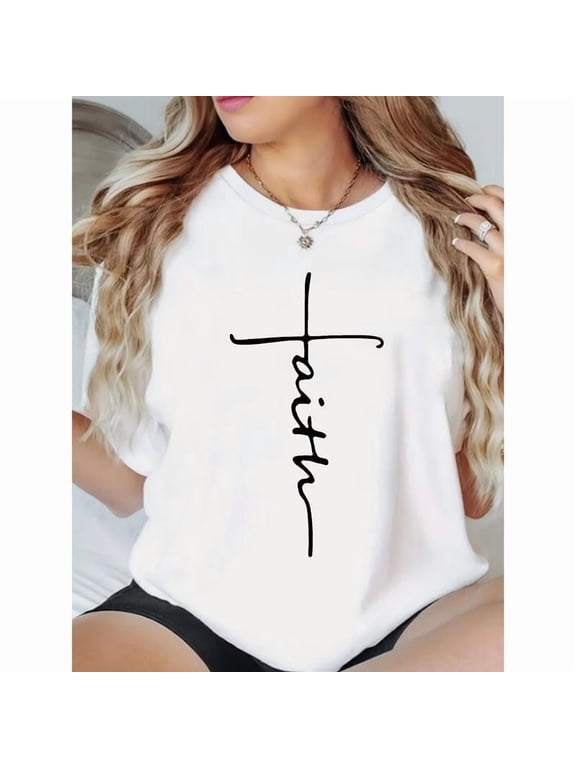 Womens FAITH Print Loose Oversized T-Shirt For Women - Casual Polyester Knit Fabric With Round Neckline, All-Season Comfort, Festive Holiday Top, 1pc