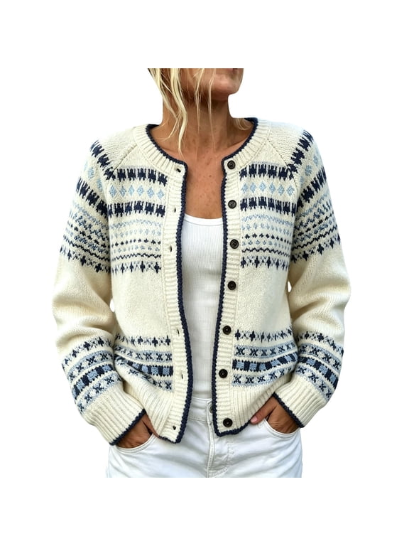 Womens Fair Isle Sweater Cardigan Knit Loose Fit Long Sleeve Crew Neck Knit Outerwear Workout Sweaters For Women Oversized Sweaters For Women Fall Outfits For Women Open Front,Beige,M
