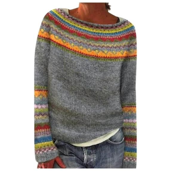 Womens Fair Isle Sweater Oversized Casual Loose Fit Long Sleeve Crew Neck Vintage Stretch Pullover Tops Comfortable Soft Fall Outfits