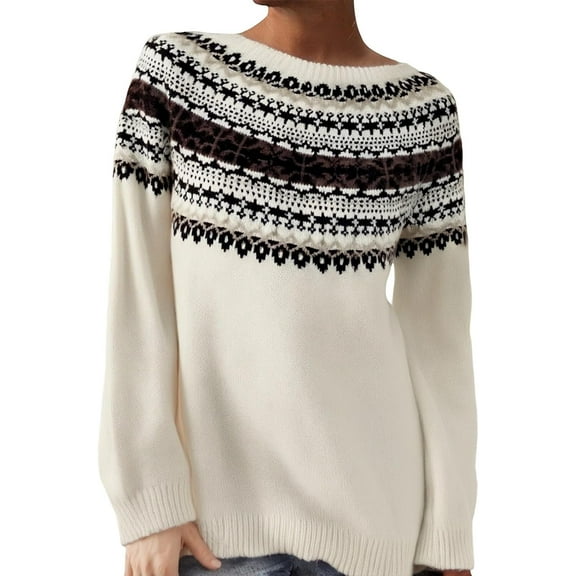 Womens Fair Isle Sweaters Vintage Argyle Iceland Norway Sweater Colorful Crew Neck Knit Tops Long Sleeve Pullover Jumper Tops