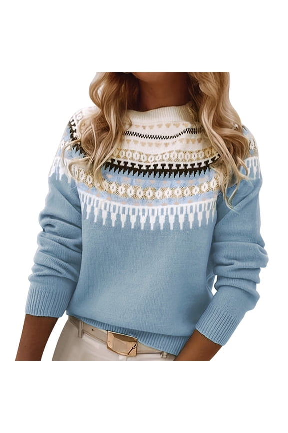 Womens Fair Isle Sweaters Vintage Argyle Norway Sweater Crew Neck Junmper Blue XXXXXXS