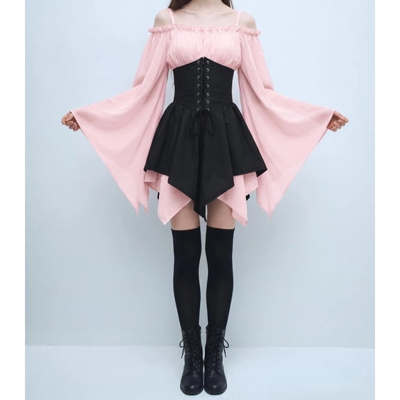 Womens Fairycore Off Shoulder Dress Corset Lace Up Bell Sleeve Mini Pink,Size 3XL