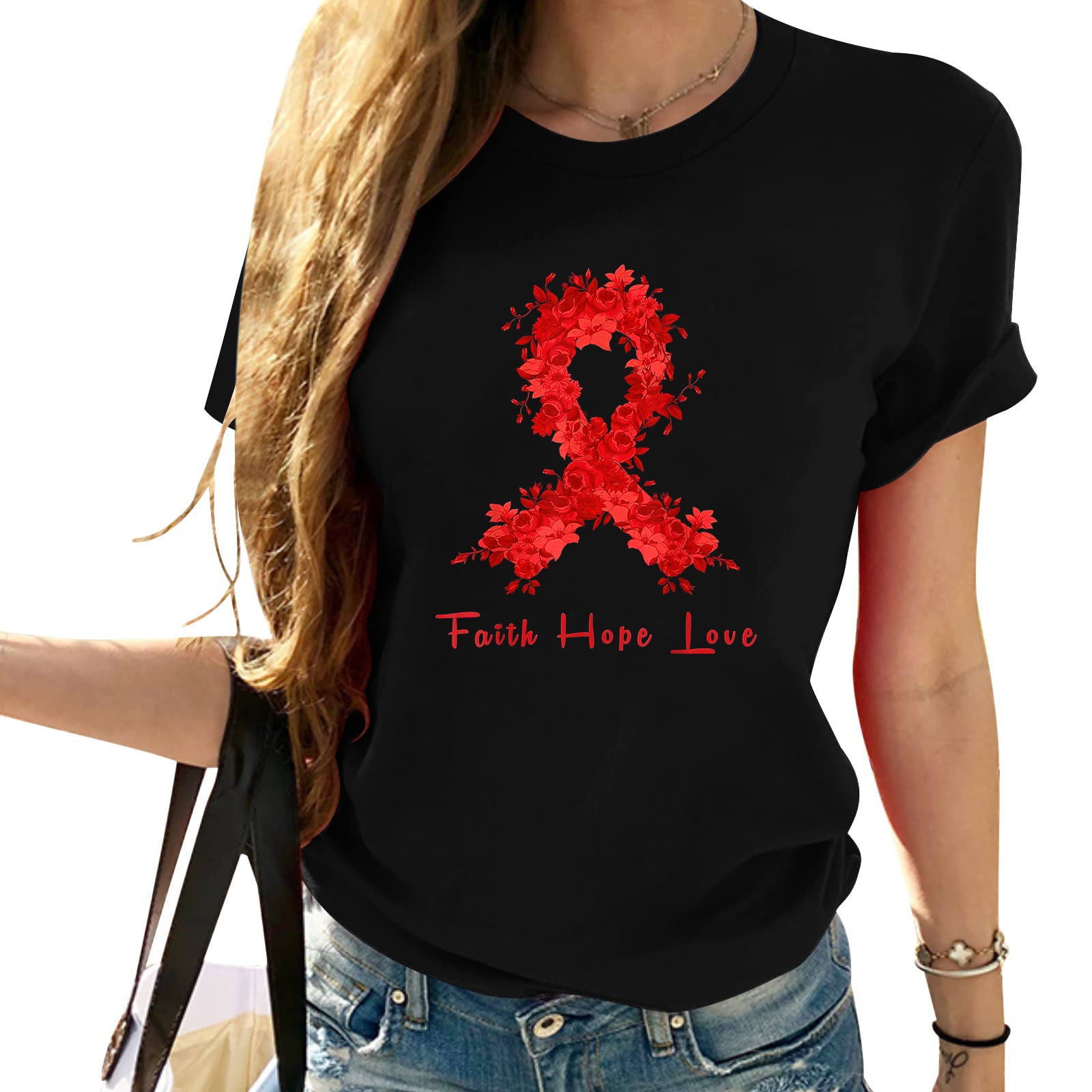 Womens Faith Hope Love World Aids Day Awareness Flower Red Ribbon T