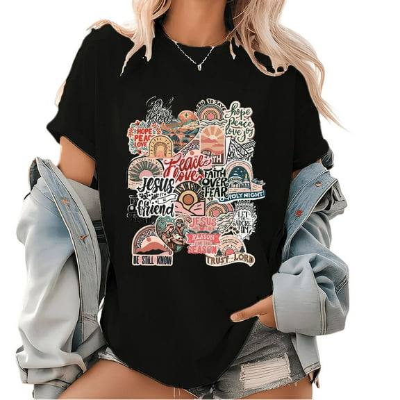 Womens Faith Inspired Graphic Tees Motivational Bible Verse Print T Shirts Trendy Faith Casual Tops Black,XXX-Large