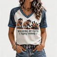 thumbnail image 1 of Womens Faith Short Sleeve Shirts Walking By Faith Tripping Constantly Highland Cow Print V Neck Shirts Christian Bible Verse Print Tee For Women, 1 of 4