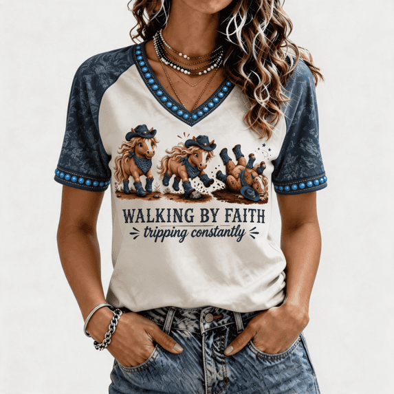 Womens Faith Short Sleeve Shirts Walking By Faith Tripping Constantly Highland Cow Print V Neck Shirts Christian Bible Verse Print Tee For Women