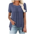 thumbnail image 1 of Womens Fake Fake Two-Piece Tops Boat Neck Blouse Short Sleeve T-Shirts Striped Top Front Pleated Layered T Shirt 2025 Trendy Casual Tees Ladies Chic Summer Top, 1 of 7