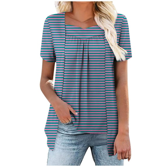 Womens Fake Fake Two-Piece Tops Boat Neck Blouse Short Sleeve T-Shirts Striped Top Front Pleated Layered T Shirt 2025 Trendy Casual Tees Ladies Chic Summer Top