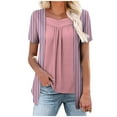thumbnail image 1 of Womens Fake Fake Two-Piece Tops Boat Neck Blouse Short Sleeve T-Shirts Striped Top Front Pleated Layered T Shirt 2025 Trendy Casual Tees Ladies Chic Summer Top, 1 of 7