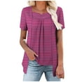 thumbnail image 1 of Womens Fake Fake Two-Piece Tops Boat Neck Blouse Short Sleeve T-Shirts Striped Top Front Pleated Layered T Shirt 2025 Trendy Casual Tees Ladies Chic Summer Top, 1 of 7