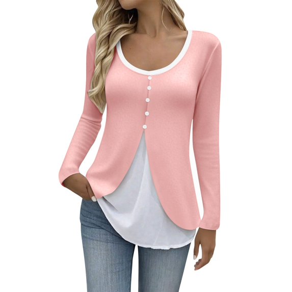 Womens Fake Two-Piece Dressy T-Shirts 2026 Trendy Casual Long Sleeve Crewneck Shirts Soft Business Office Blouse