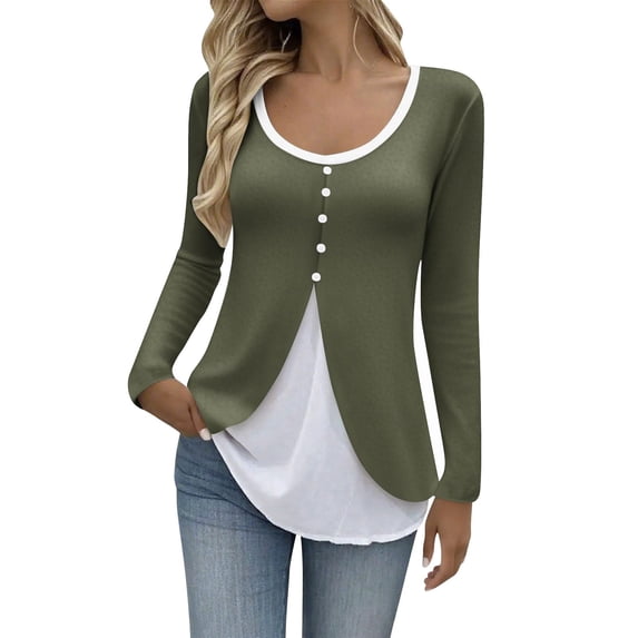 Womens Fake Two-Piece Dressy T-Shirts 2026 Trendy Casual Long Sleeve Crewneck Shirts Soft Business Office Blouse