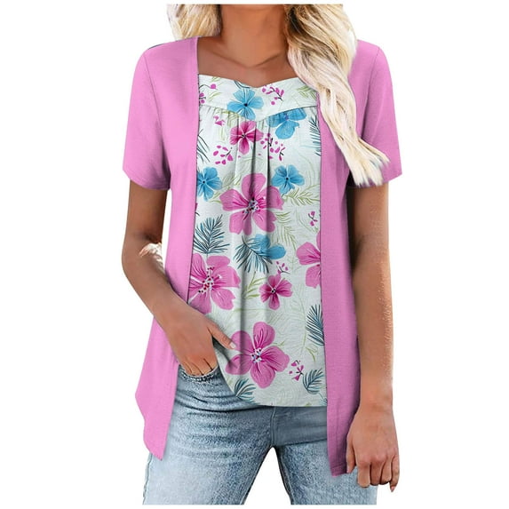 Womens Fake Two Piece Floral Print Tunic Blouses Round Neck Tee Short Sleeve Tops Summer Basic Boho Dressy Cute Tops 2025