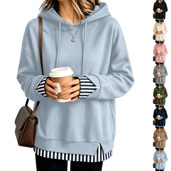 Womens Fake Two Piece Hooded Sweatshirt Casual Pullover Chic Layered Look Hooded Featuring Ribbed Contrast Trim Drawstring And Side Slits Daily Wear