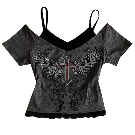 Womens Two Piece Tops Grunge Short Sleeve Casual Y2K Tees 2026 Fall Loose T Shirt