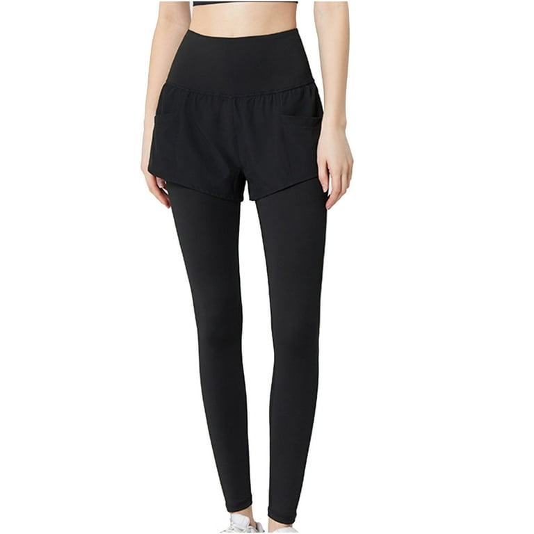 Savings Womens Fake Two Pieces Sweat Pants High Waist Workout Trousers with Pockets Solid Color Skinny Yoga Track Pants