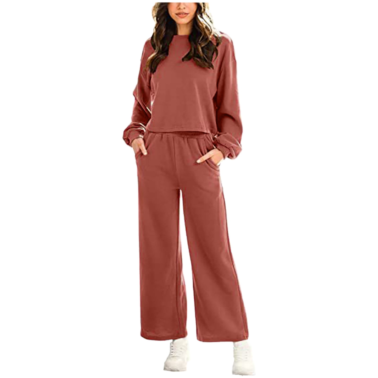 Lounge Set Casual Long Sleeve Crop Pullover Top High Waist Wide Leg Pants Two Pieces Suits main image 0