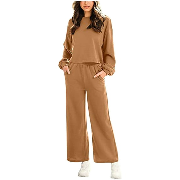 Womens Fall 2 Piece Lounge Outfits Solid Color Long Sleeve Crewneck Pullover with Pockets Wide Leg Pants Casual Sets