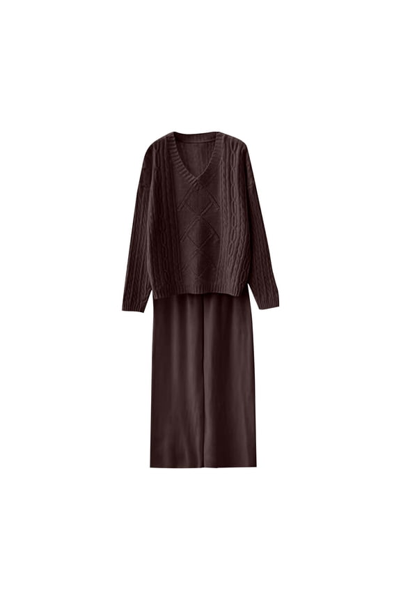 Womens Fall 2 Piece Sweater Set Long Sleeve Fall Lounge Sets V Neck Cable Knit Tops Wide Leg Pants, Free Size