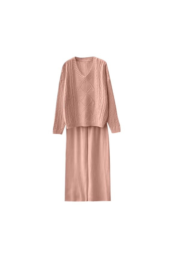 Womens Fall 2 Piece Sweater Set Long Sleeve Fall Lounge Sets V Neck Cable Knit Tops Wide Leg Pants, Free Size