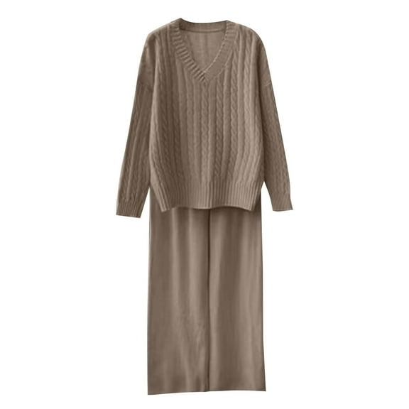 Womens Fall 2 Piece Sweater Set Long Sleeve Lounge Sets Cable Knit Pullover Tops Wide Leg Pants, Free Size