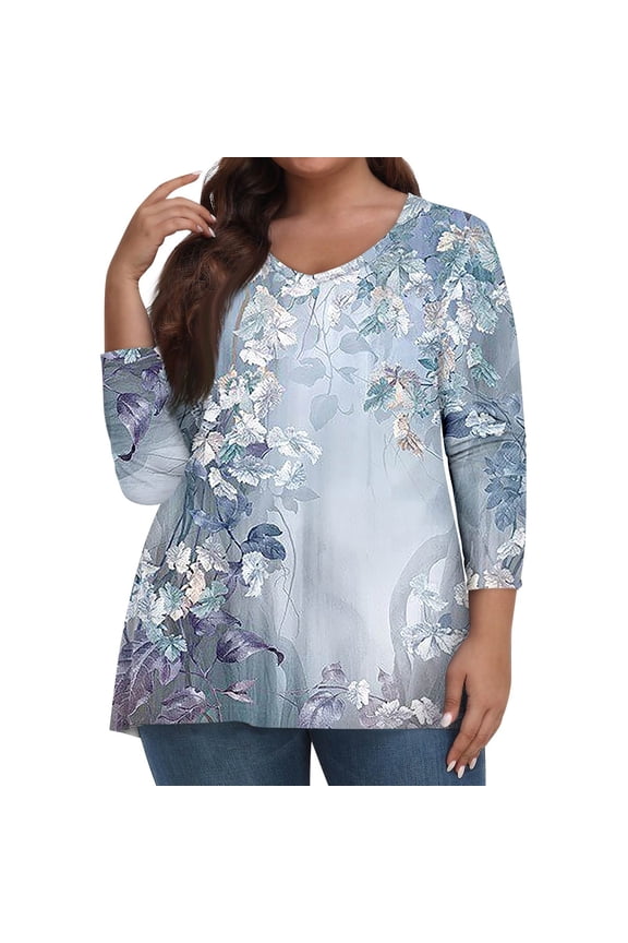 Womens Fall 3/4 Length Sleeve Tops 2024 Fashion Plus Size Shirts 3/4 Sleeve V Neck Floral Print T-Shirts Dressy Casual Tshirts Fall Clothes for Women 2024 silver 3X-Large