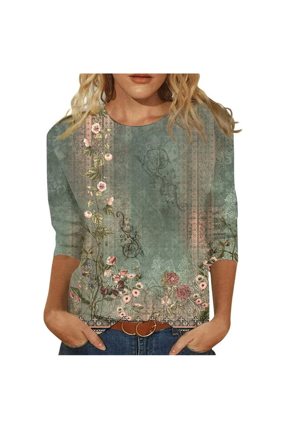 Workout Tops for Women Fall Floral Print Shirts 3/4 Length Sleeve Crew Neck Plus Size Blouse Dressy Casual Tunics Women's 3/4 Sleeve Fall Tops Fall Outfits for Women 2024 (Green)
