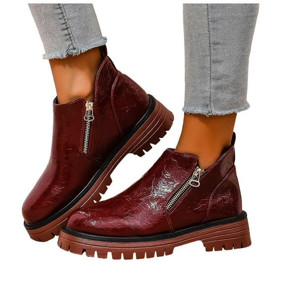 Womens Fall Ankle Boots Waterproof Retro Leather Lug Sole Chunky Heel Double Zipper Business Casual Shoes Loafers