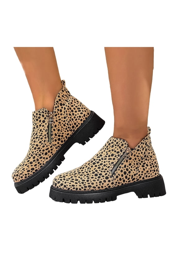 Womens Fall Ankle Boots Waterproof Retro Leopard Print Leather Lug Sole Chunky Heel Double Zipper Business Casual Shoes Loafers