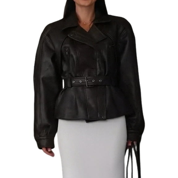 Womens Fall Belted Faux Leather Jacket Business Casual Faux Leather Short Trench Coat Black XS