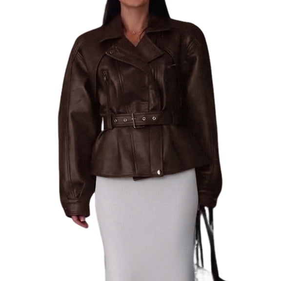 Womens Fall Belted Faux Leather Jacket Business Casual Faux Leather Short Trench Coat Dark Brown L