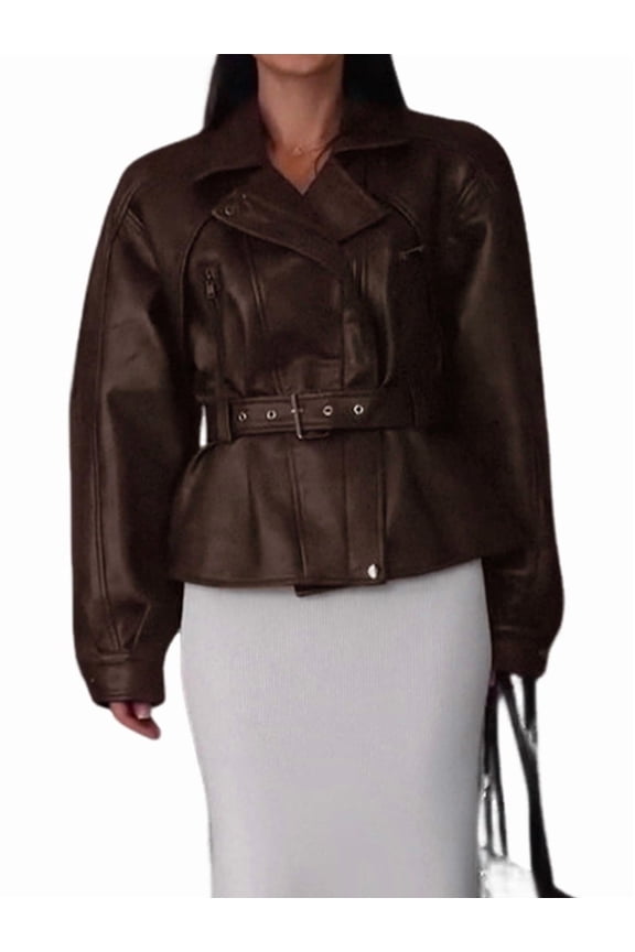 Womens Fall Belted Faux Leather Jacket Business Casual Faux Leather Short Trench Coat Dark Brown XXXL