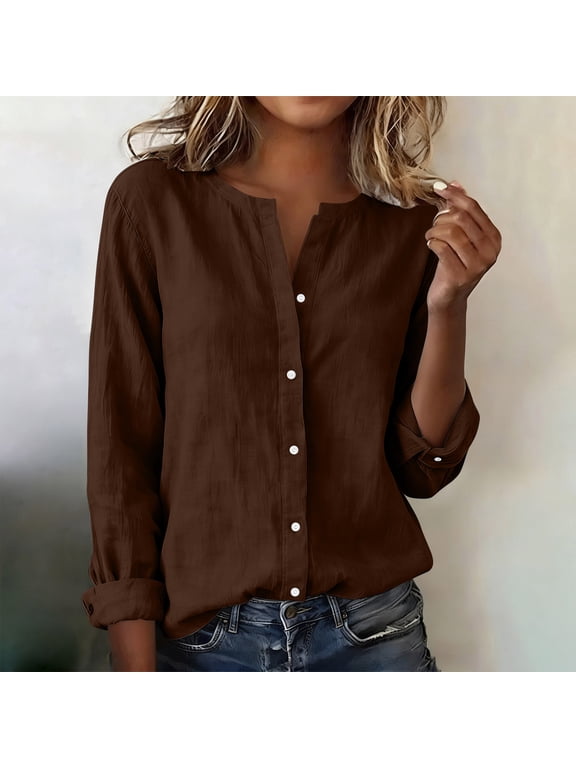 Womens Fall Blouse Crew Neck Long Sleeve Button Down Solid Color Loose Fashion Tunic Tops Brown XXL